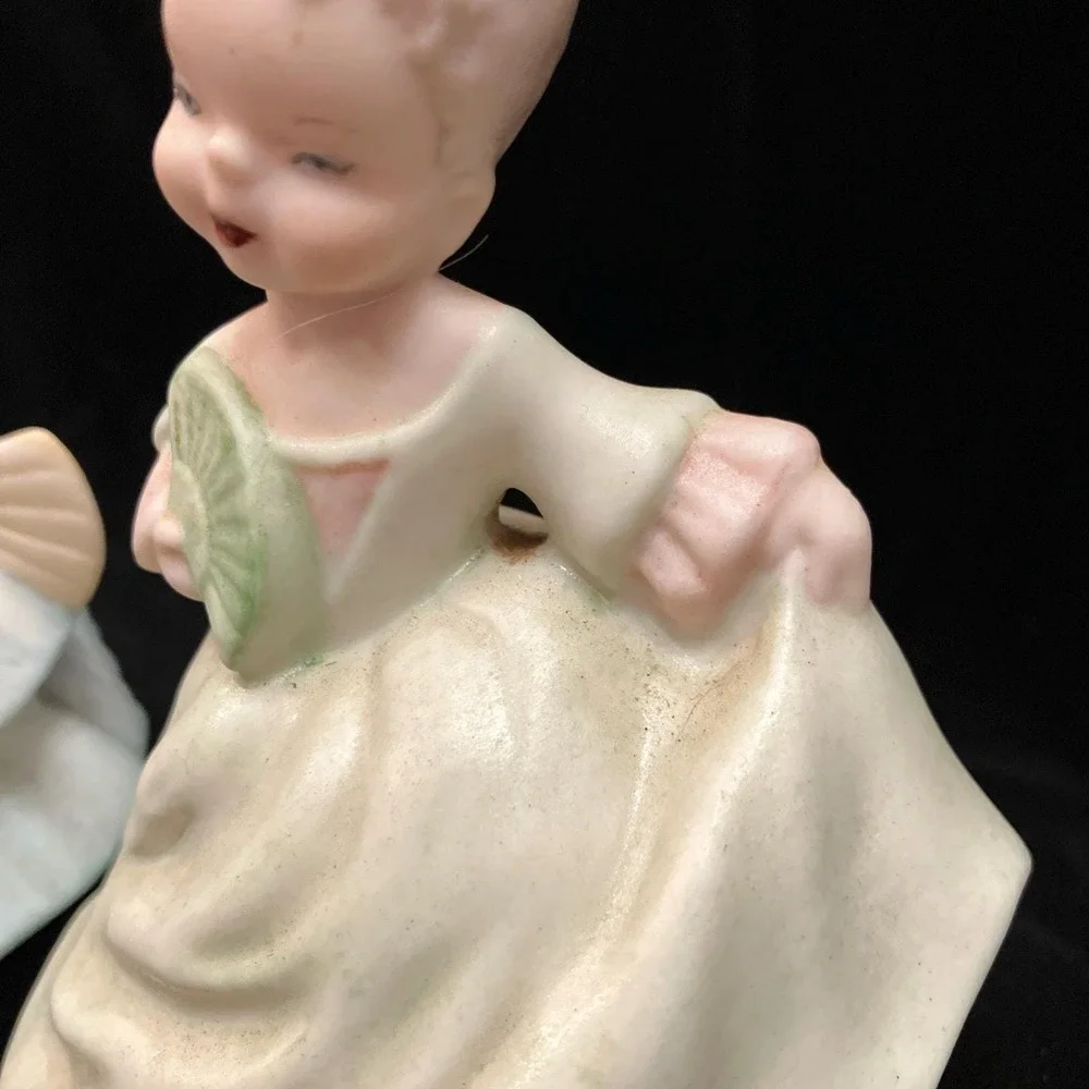 VTG 1960s Mallory Ceramic Figurine Set 2 Blue & Yellow Southern Belle Hand Fans